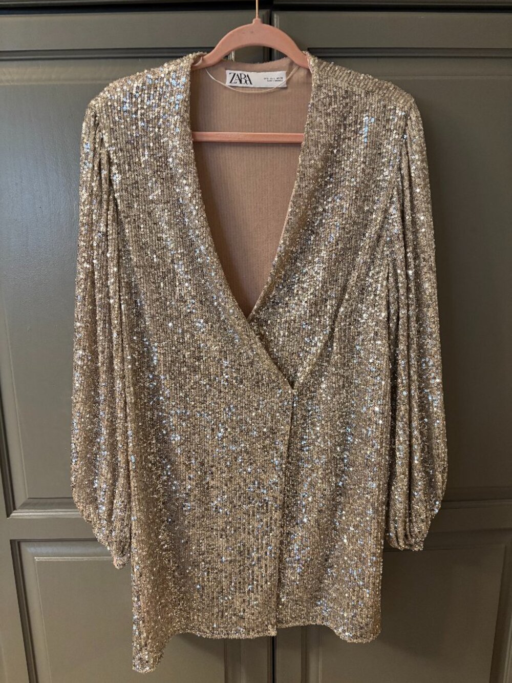 Zara champagne/gold sequin wrap dress - Size Large